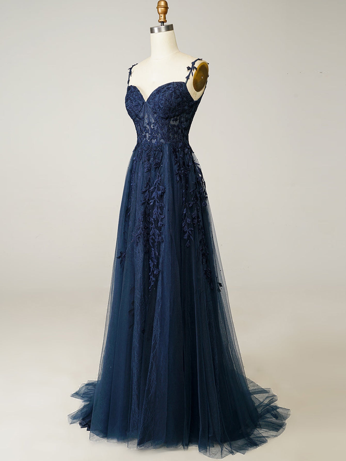 A Line Navy Straps Lace Long Prom Dress - Fashionpara