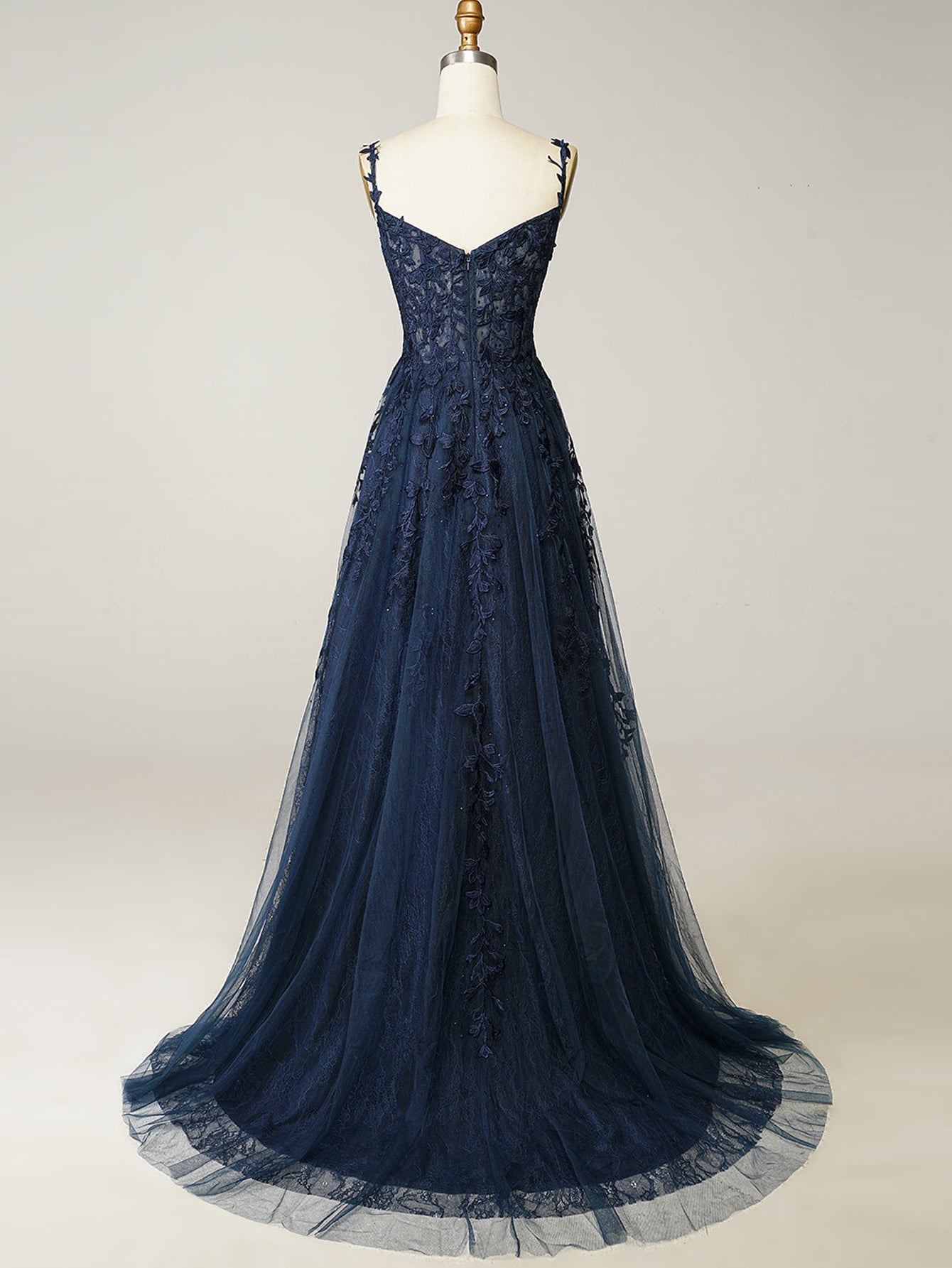 A Line Lilac Straps Lace Long Prom Dress - Fashionpara