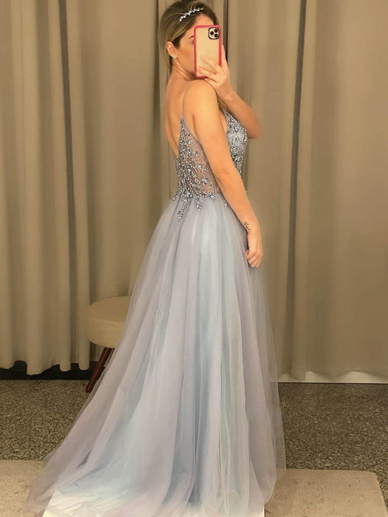 A Line Grey Blue Glitter Tulle Long Prom Dress - Fashionpara