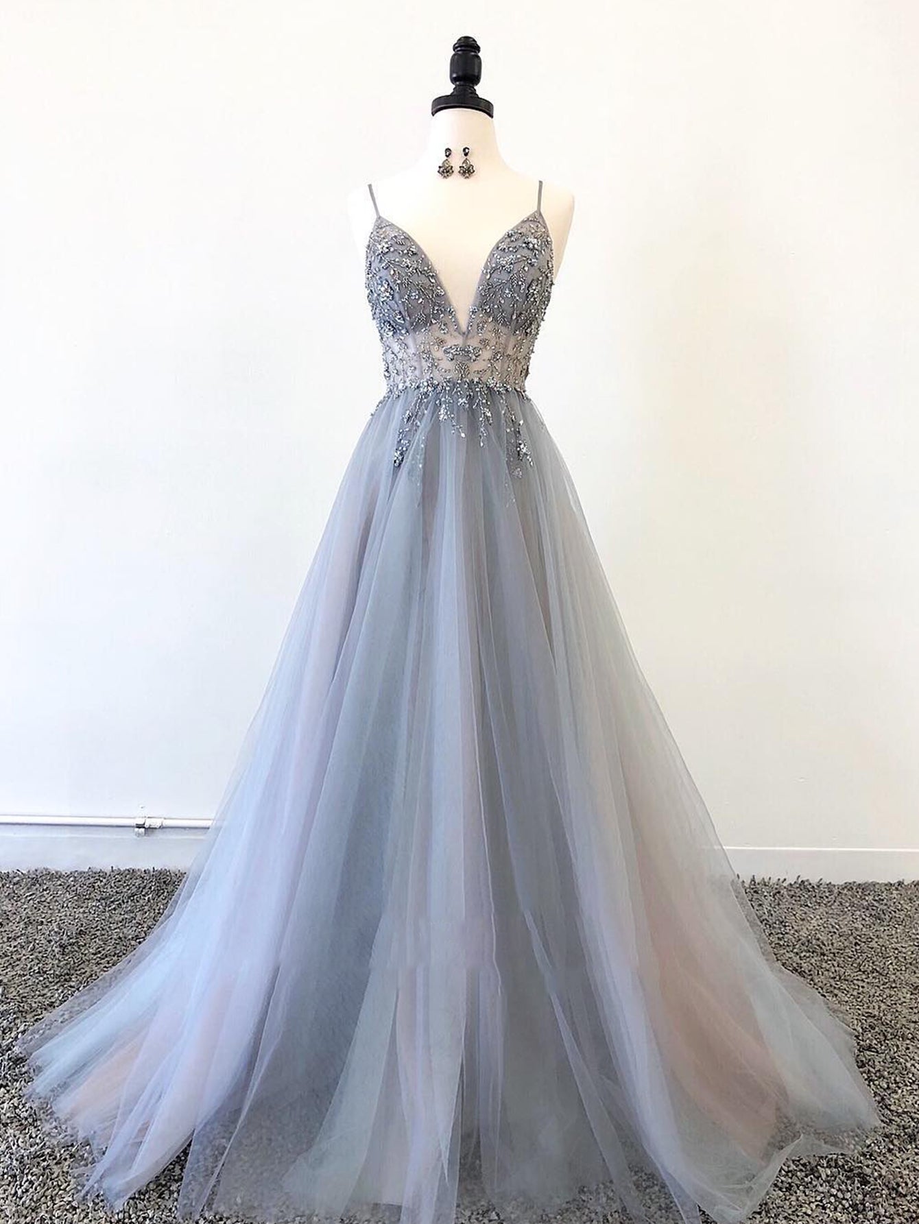 A Line Grey Blue Glitter Tulle Long Prom Dress - Fashionpara