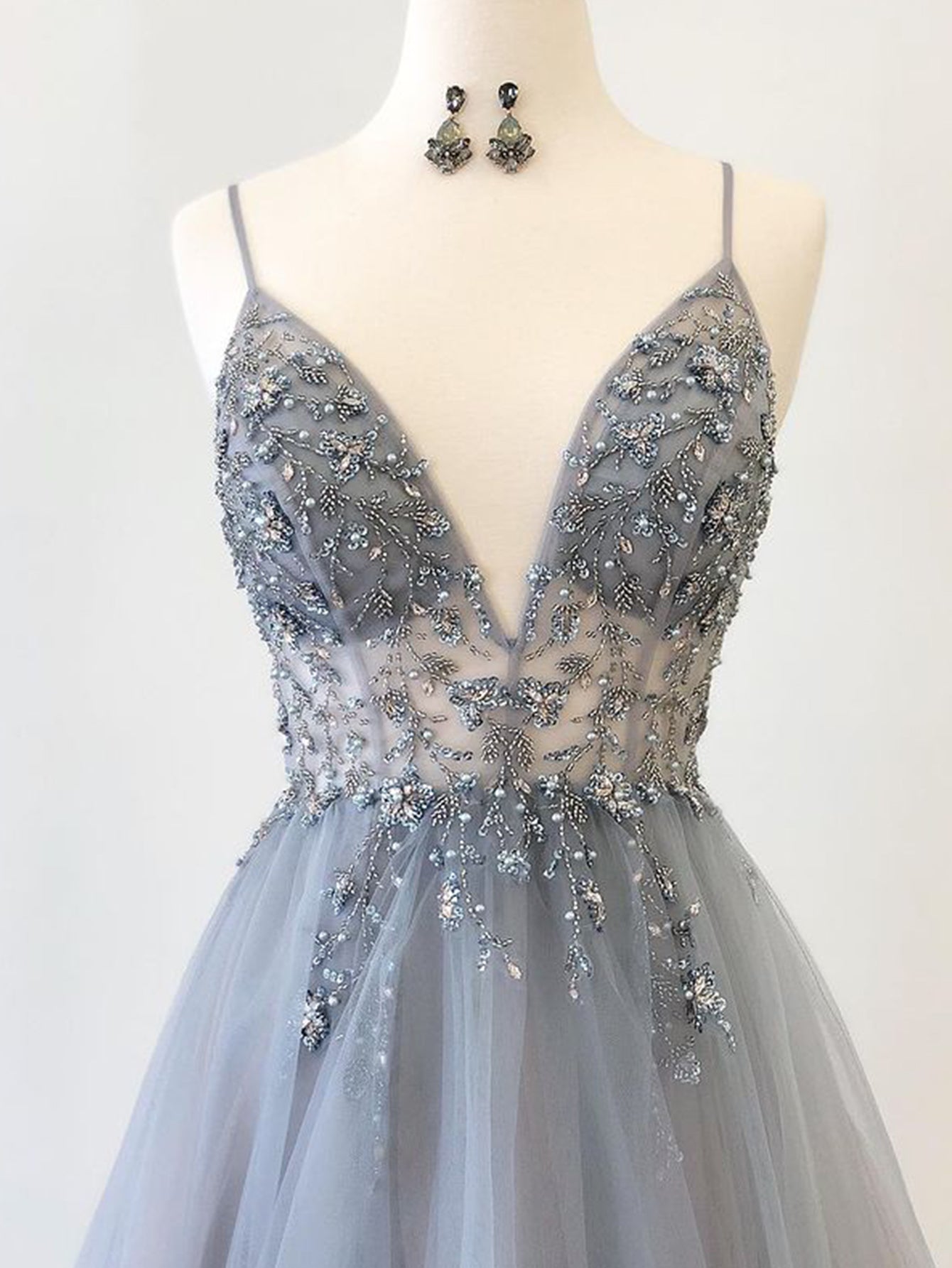 A Line Grey Blue Glitter Tulle Long Prom Dress - Fashionpara