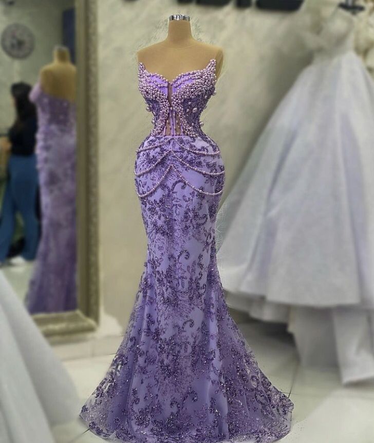 Purple Mermaid Evening Dress Beaded Formal Prom Gown - FashionDia