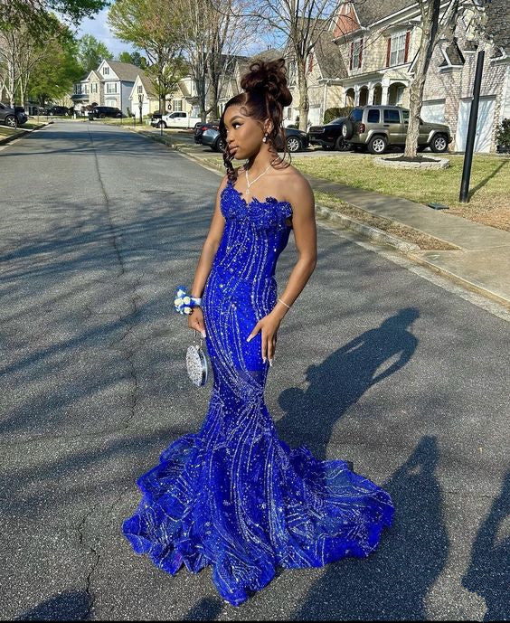 Women's Mermaid Prom Dress, Sweetheart Sequin Royal Blue Birthday Party Dress - FashionDia