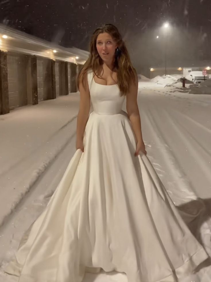 A-Line Long Satin Wedding Dress Square Neck Bridal Gown - FashionDia