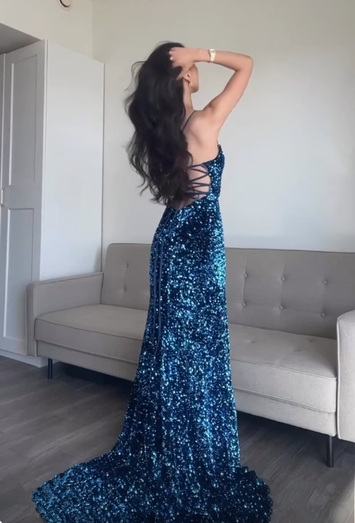 Mermaid Sequin Blue Long Prom Dress, Blue Evening Dress - FashionDia