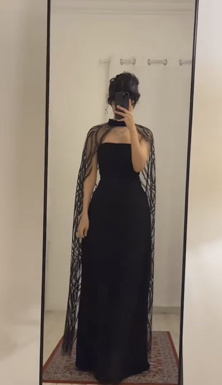 Black A-Line Long Prom Dress,Evening Dress With Shawl - FashionDia
