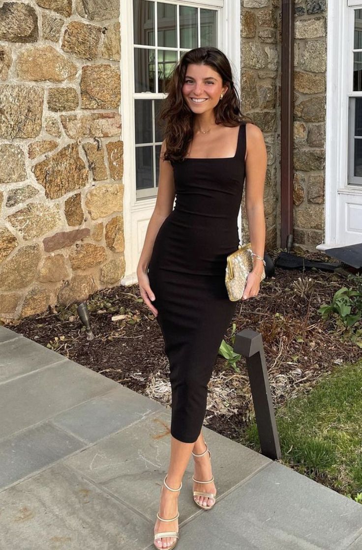 Black elegant evening dress, mid-length dress - FashionDia