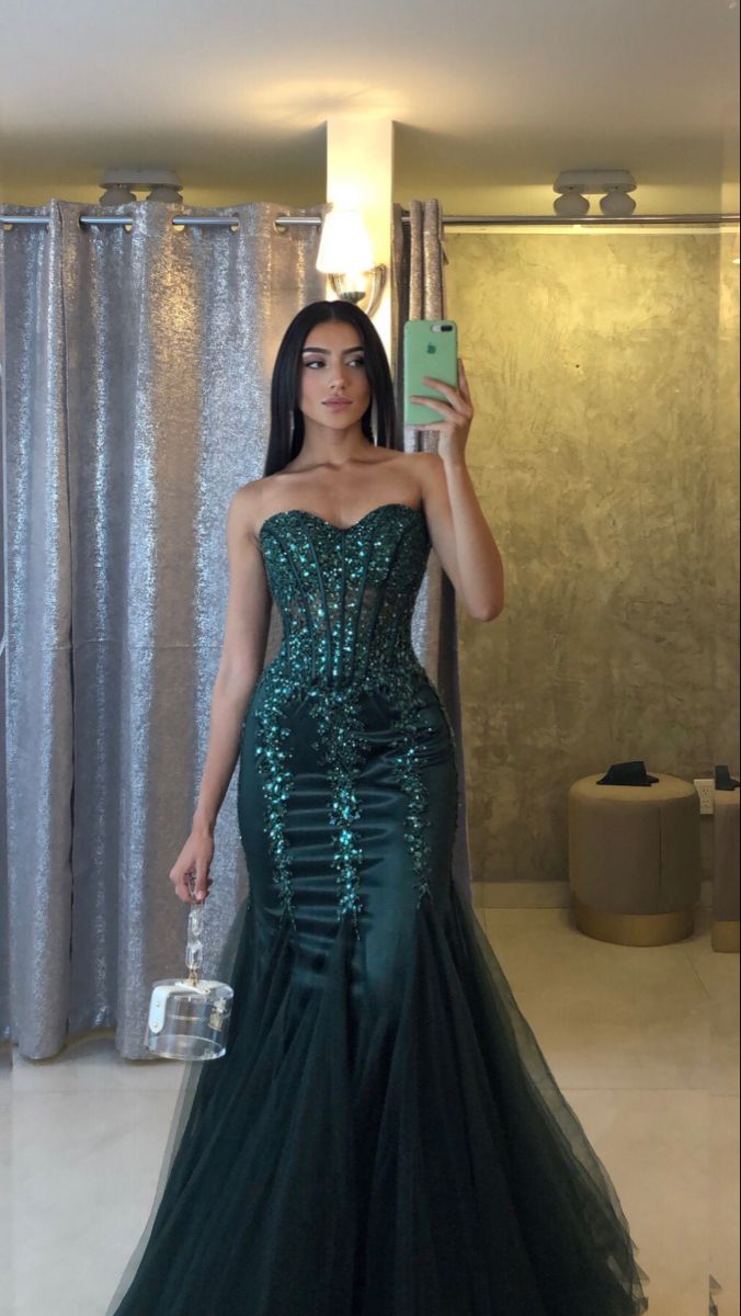Dark Green Sweetheart Mermad Tulle Sequins Long Prom Dress - FashionDia