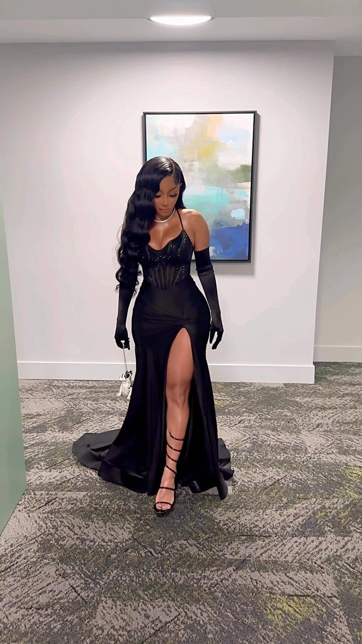 Black Evening Dress Long Prom Dress With Gloves - FashionDia