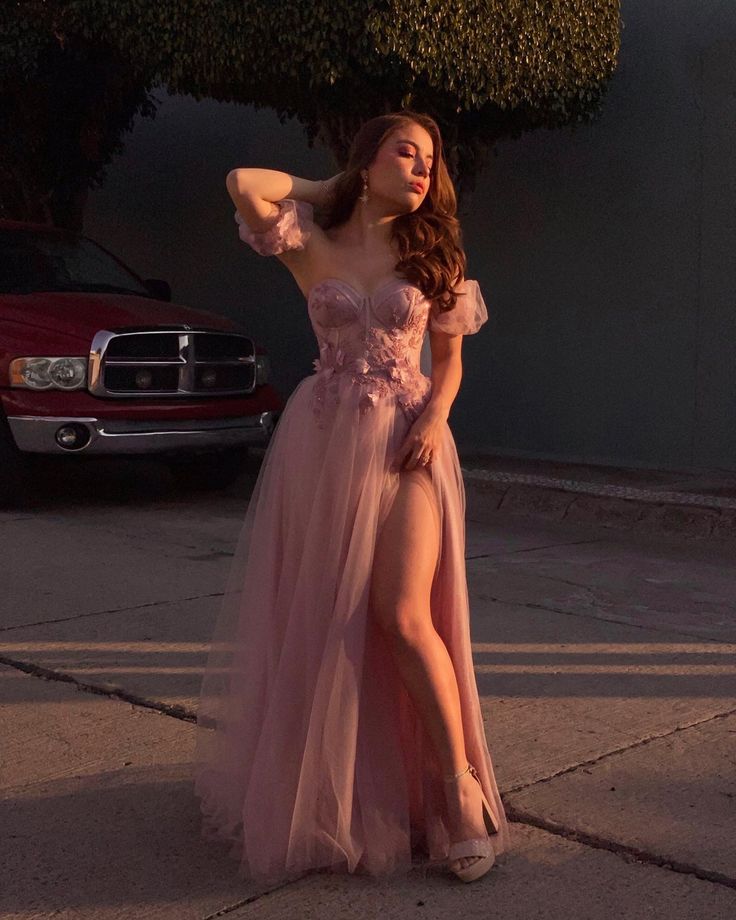 A-Line Pink Tulle Long Prom Dresses With Leg Slit, Pink Tulle Long Formal Evening Dresses - FashionDia