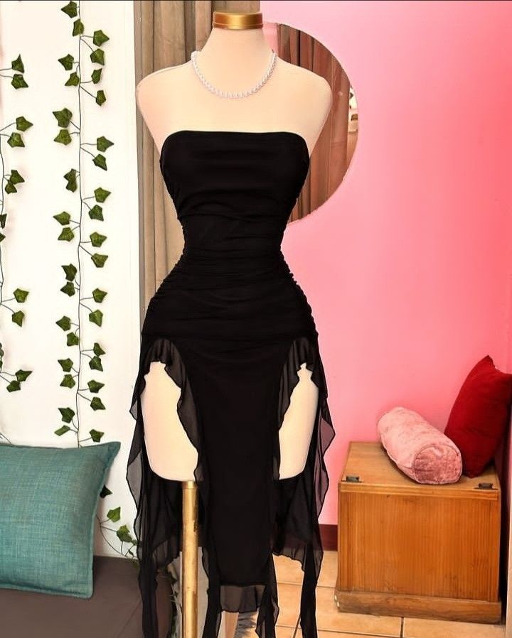 Black Strapless Midi Length Ruffle Prom Dress Sexy Evening Dress - FashionDia