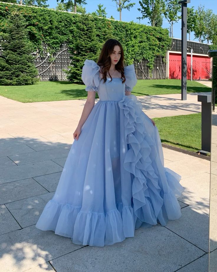 Blue Prom Dresses Short Puff Sleeves Ruffles Prom Party Gowns Princess Formal Dresses - FashionDia