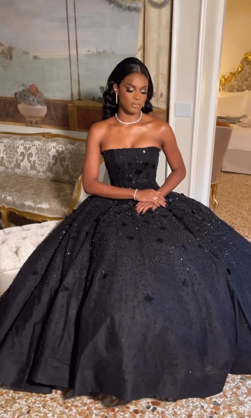 Black A-Line Long Prom Dress,Strapless Black Evening Dress - FashionDia