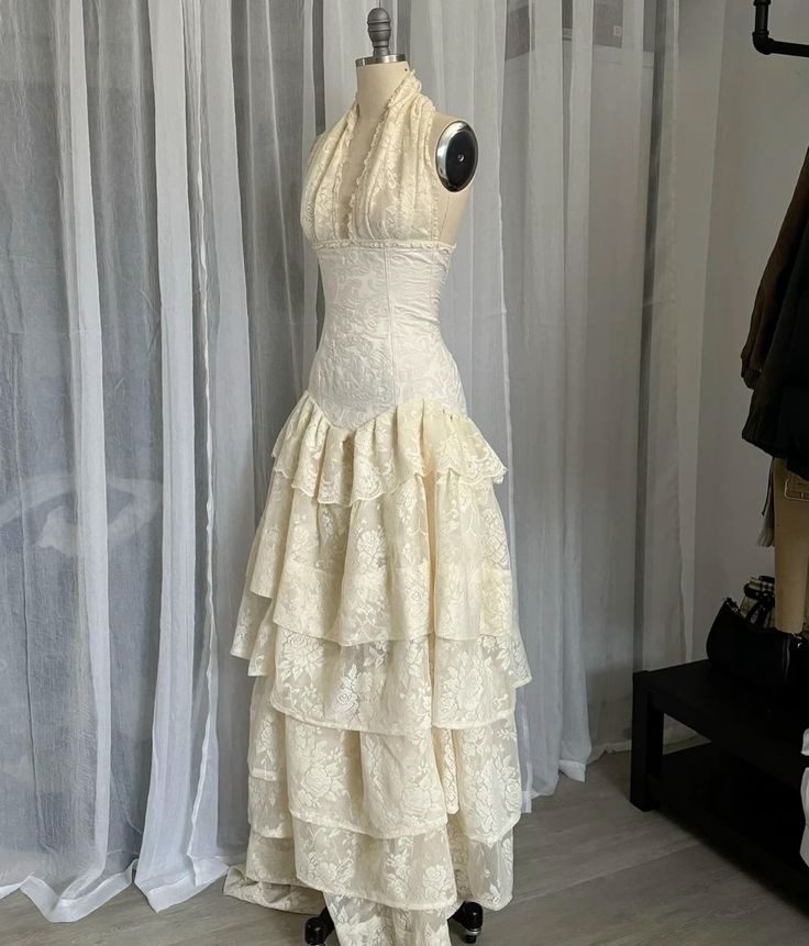 Champagne Lace Bridal Gown Halter Wedding Dress - FashionDia