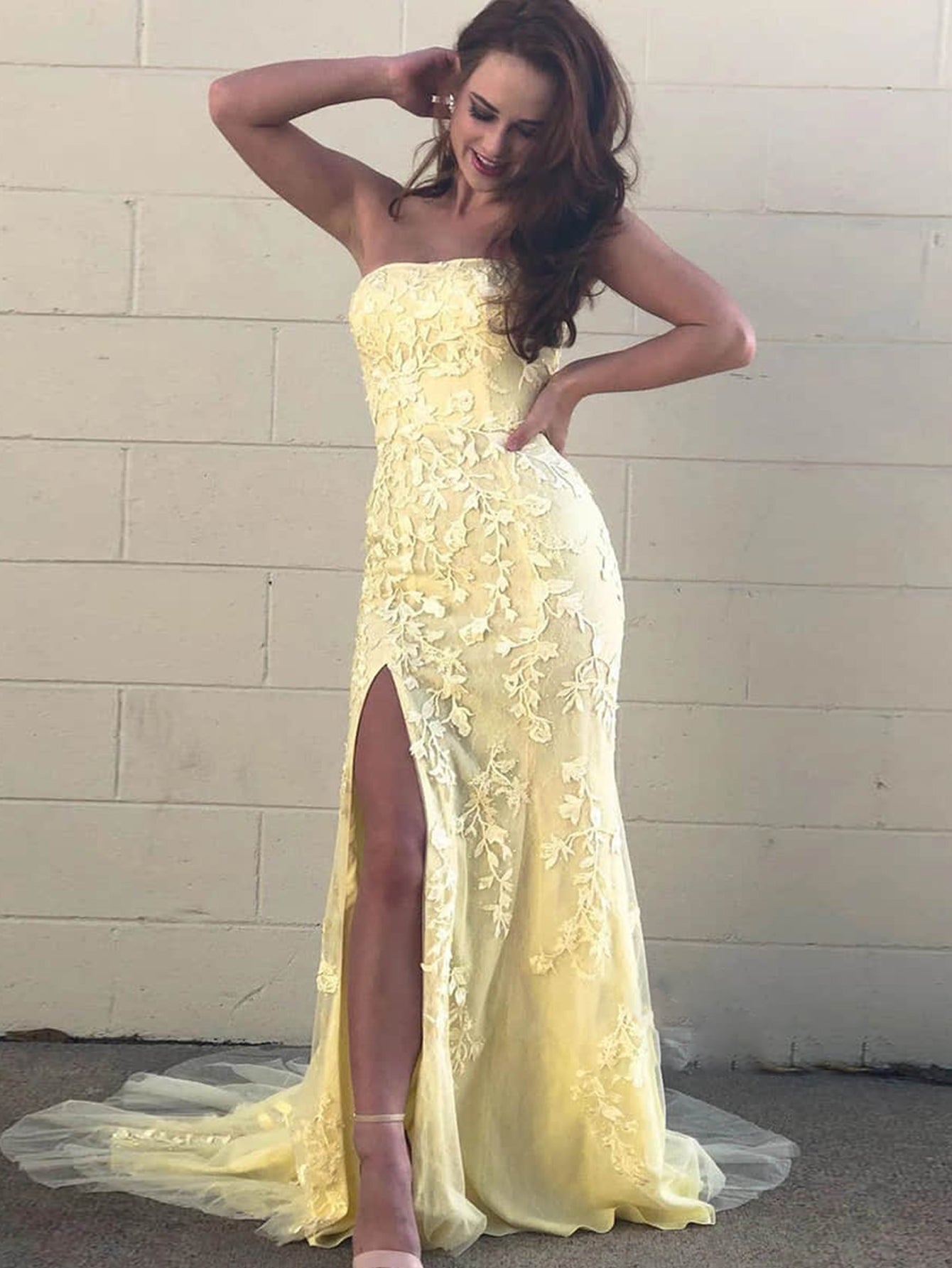 Pink Strapless Floral Long Prom Dress with Split - Fashionpara