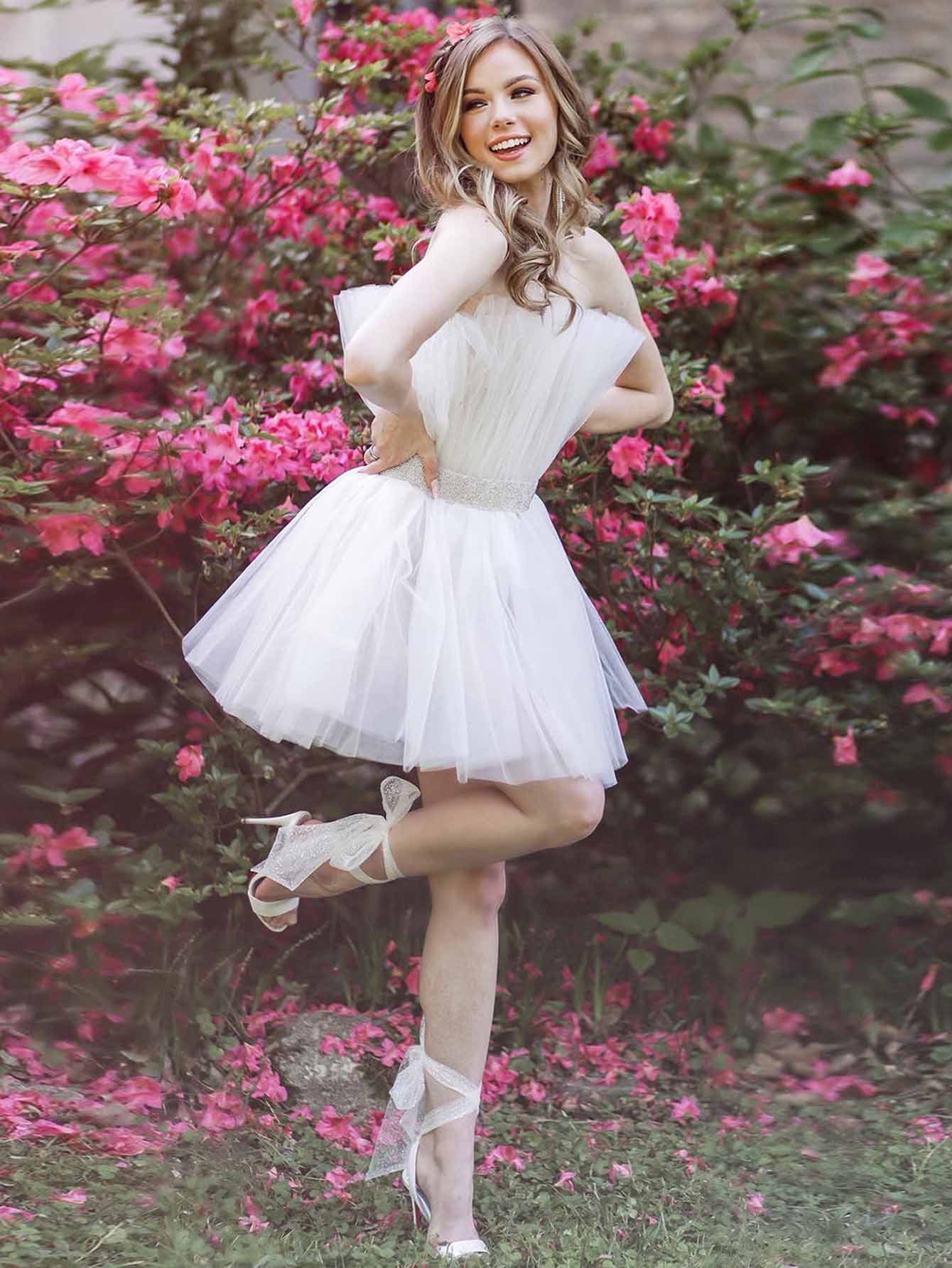 A-Line Cute White Tulle Short Party Homecoming Dress - Fashionpara