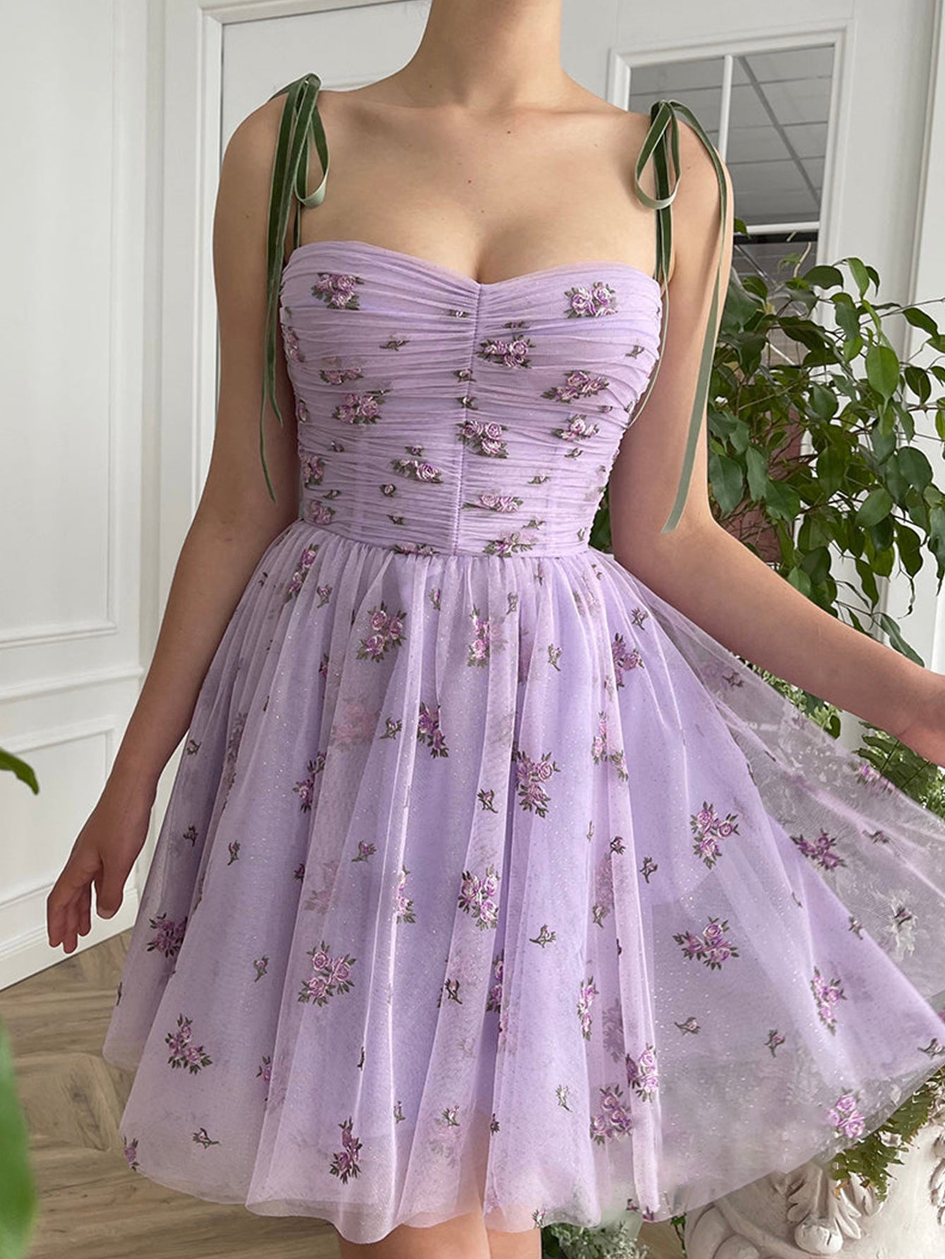 A-Line Lilac Corset Short Homecoming Dress with Embroidery - Fashionpara
