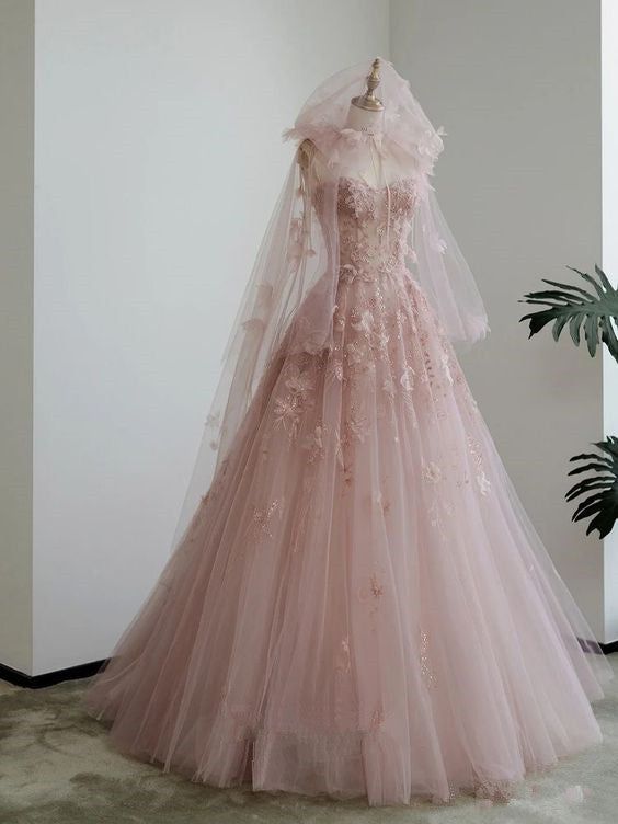 A-Line Spaghetti Straps Pink Tulle Prom Dresses for Teens - FashionDia