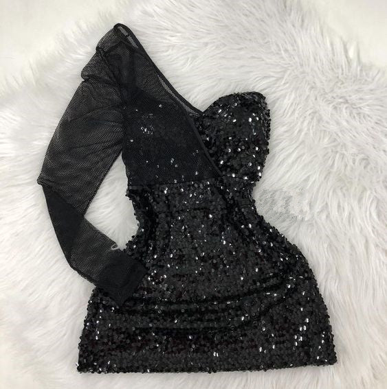 Black One-Shoulder Sequins Mini Homecoming Dress - FashionDia