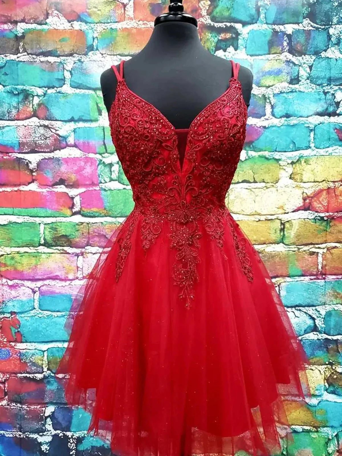 A-Line V-Neck Short Lace Prom Dresses, Short Formal Homecoming Dresses - FashionDia