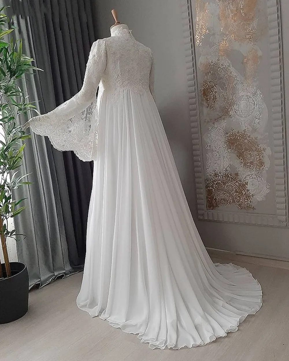 Elegant ivory flare sleeve lace wedding dress - View 2 | FashionDia
