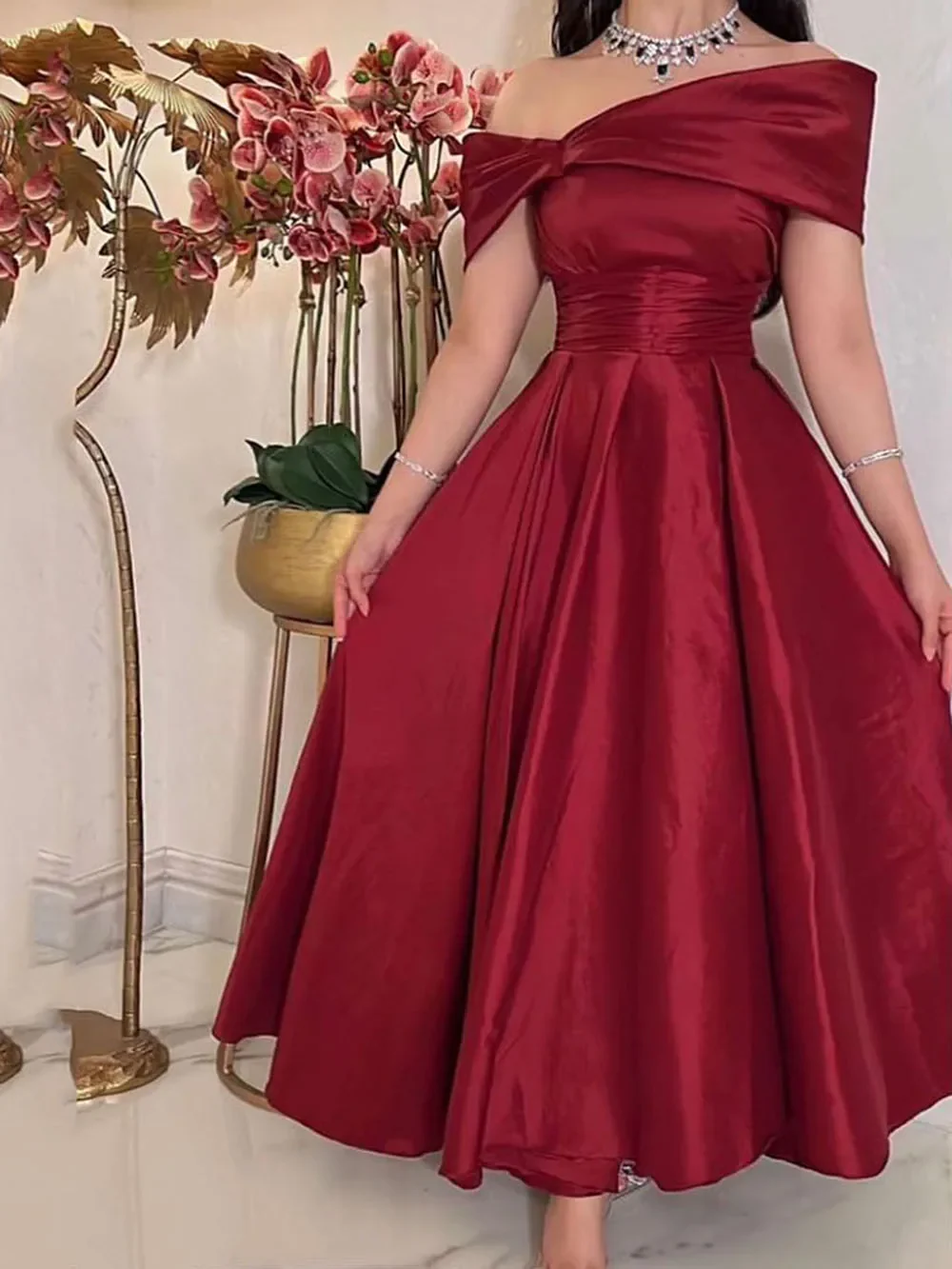 Dark Red Midi Prom Dresses Off Sleeves Ankle Length Arabic Dubai Formal Party Gowns - FashionDia