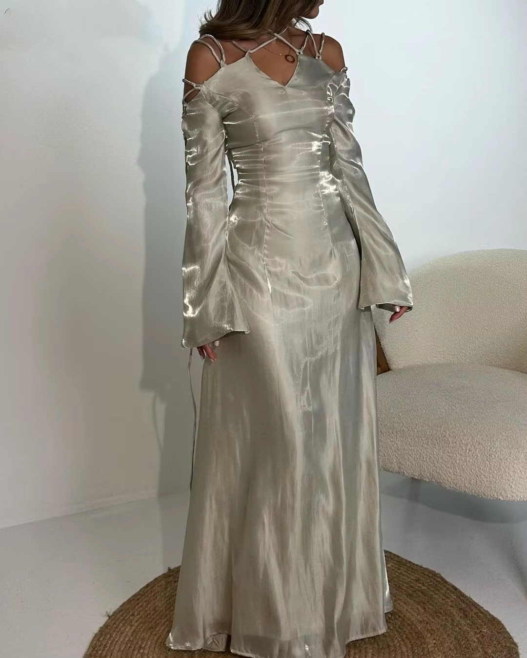 Silver Grey Prom Dress, Modern Girl Lace Up Flare Sleeves V-Neck Elegant Evening Dress - FashionDia