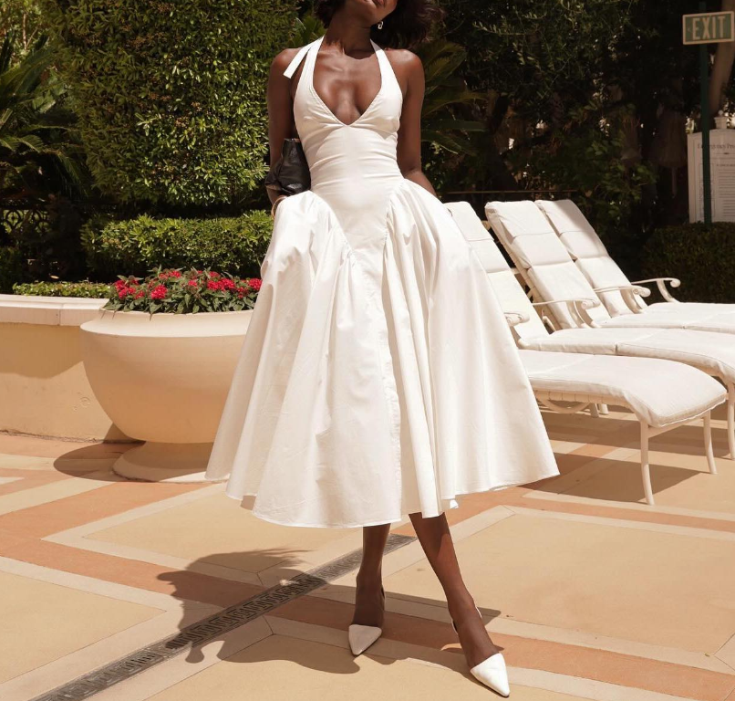 A-Line White Evening Dresses, Halter Prom Party Gown - FashionDia