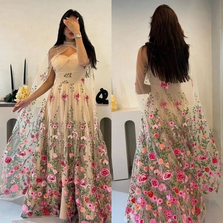 A-Line Tulle Floral Long Prom Dress Unique Evening Dress - View 2 | FashionDia