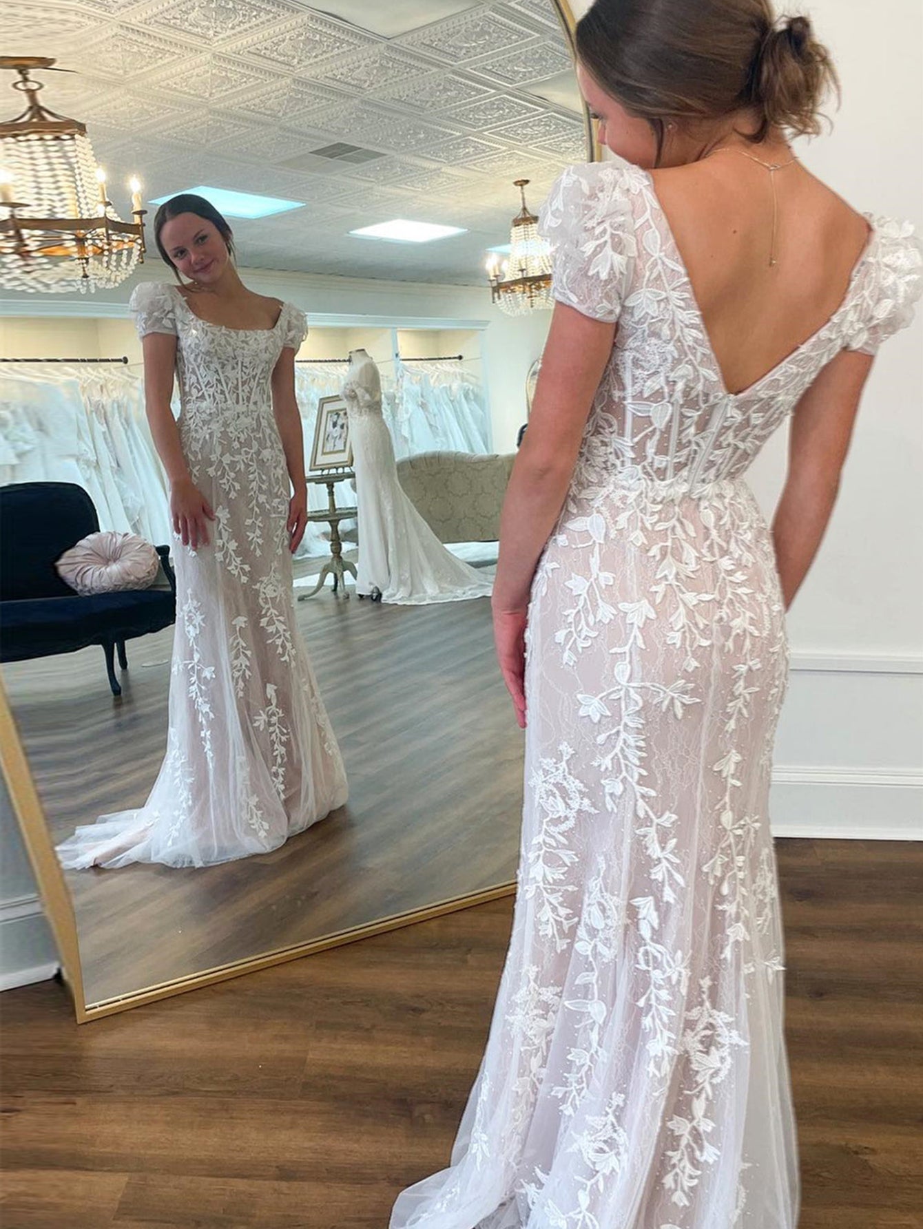 Light Blue Short Sleeves Floral Lace Long Prom Dress - Fashionpara