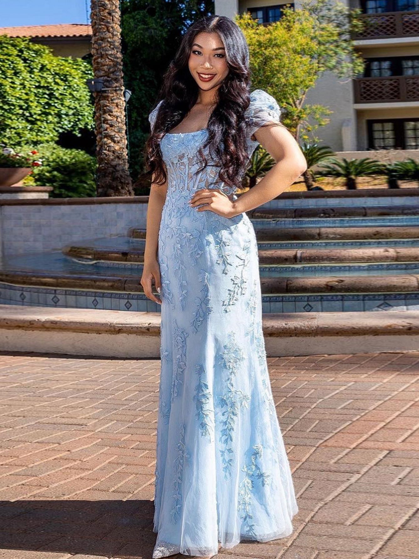 Light Blue Short Sleeves Floral Lace Long Prom Dress - Fashionpara
