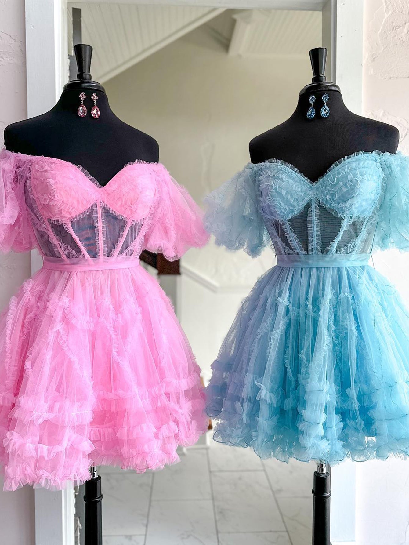 A-Line Blue V Neck Ruffles Short Homecoming Dress - Fashionpara