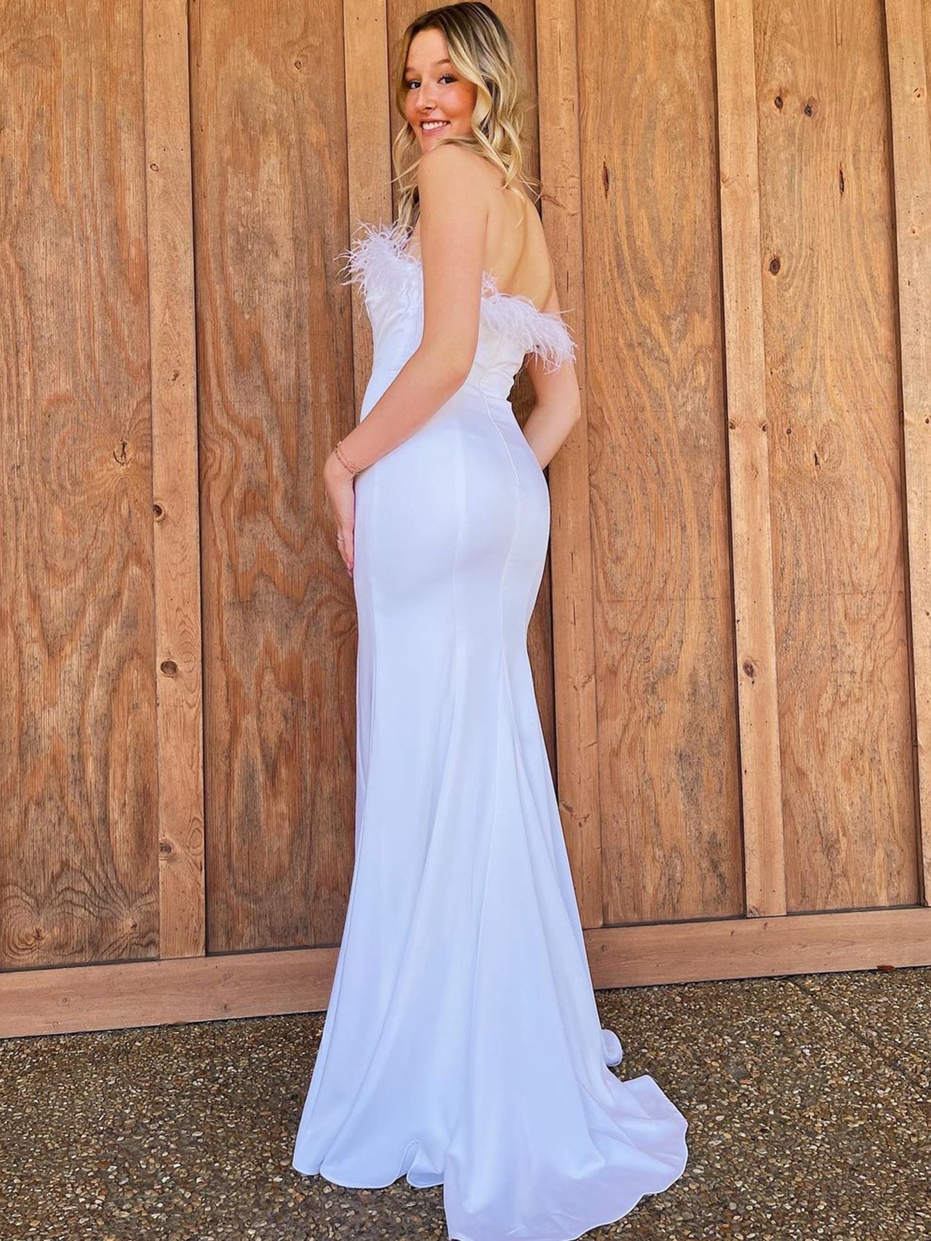 White Feather Long Prom Dress With Slit - Fashionpara