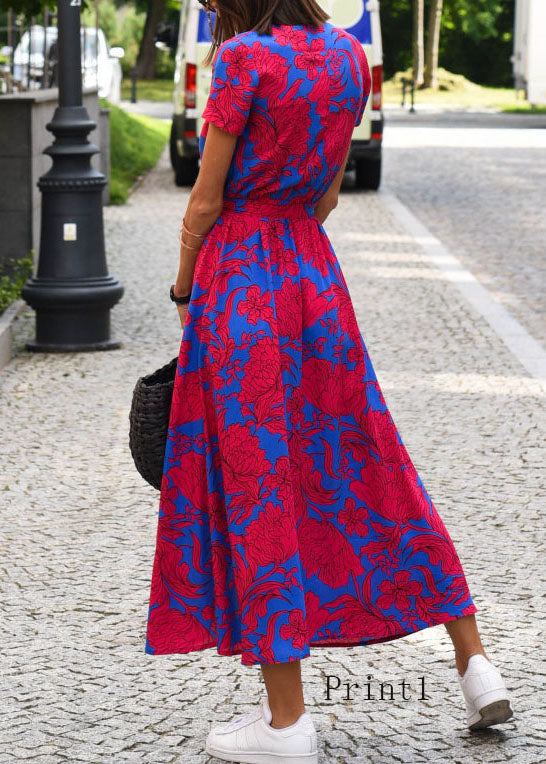 New V Neck Print Side Open Tie Waist Cotton Dress Summer - View 2 | VelvetHem