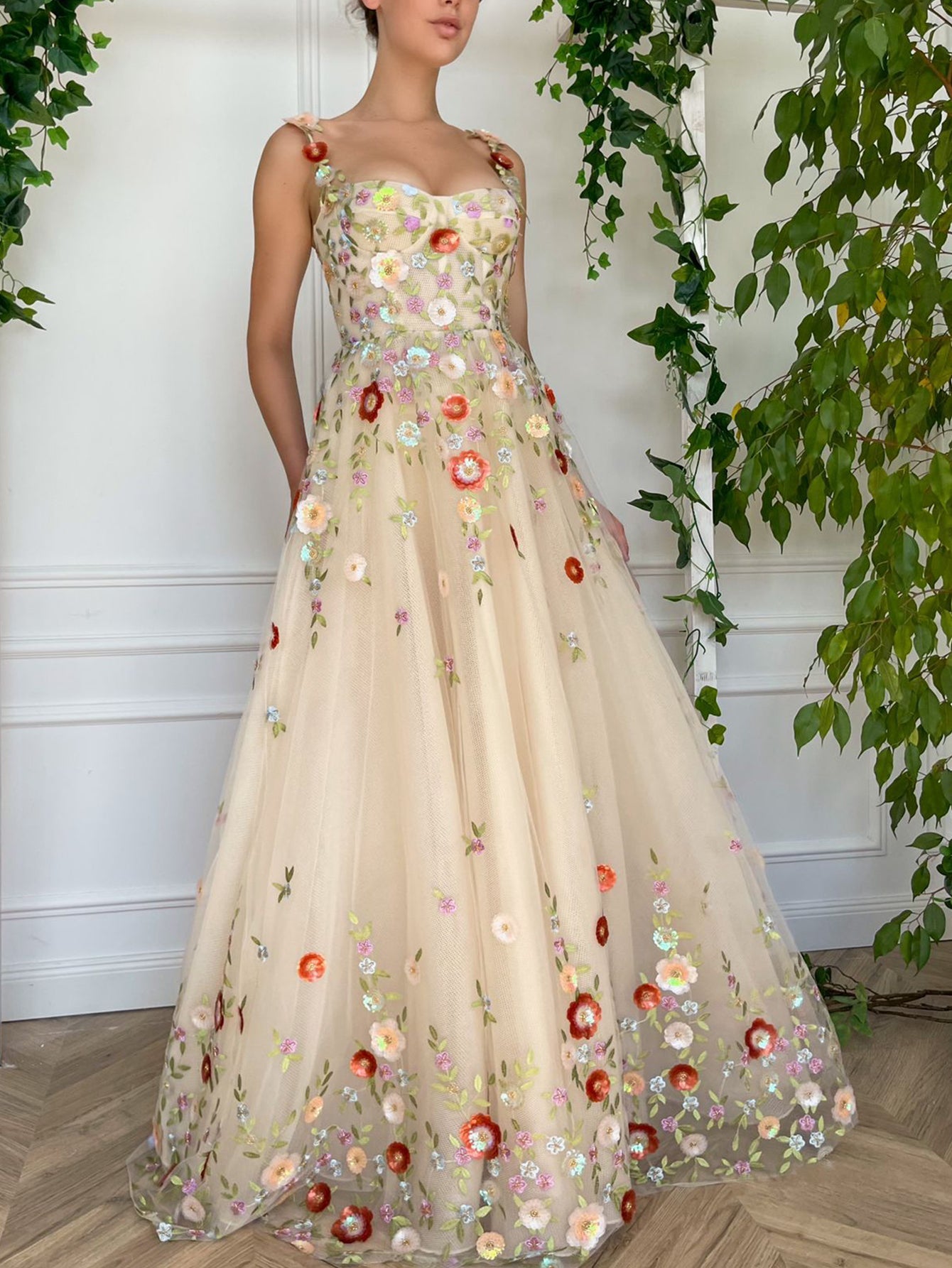 Champagne A Line Embroidery Long Prom Dress With 3D Flowers - Fashionpara