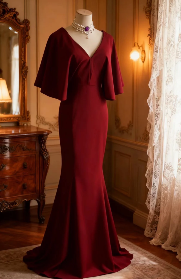 Vintage V-Neck Burgundy Satin Mermaid Evening Dress Backless Long Birthday Party Dress - View 4 | FashionDia
