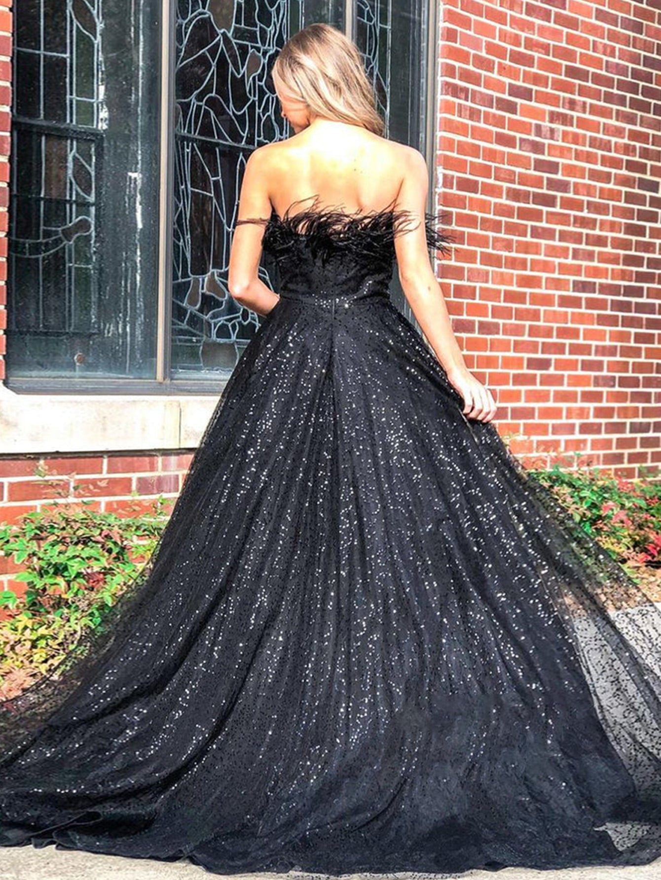 A Line Sequins Strapless Black Long Prom Dress - Fashionpara