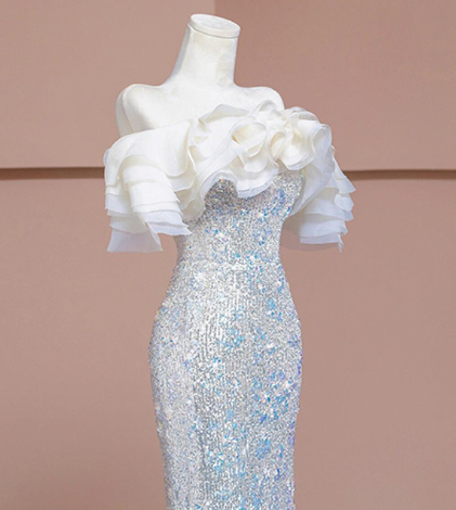 Luxury Silver Mermaid Sequins Beading Prom Dress Formal Evening Dress Y7614 - View 2 | VelvetHem