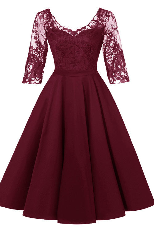 Burgundy A-line Applique Homecoming Dress With 3/4 Sleeves - Fashionpara