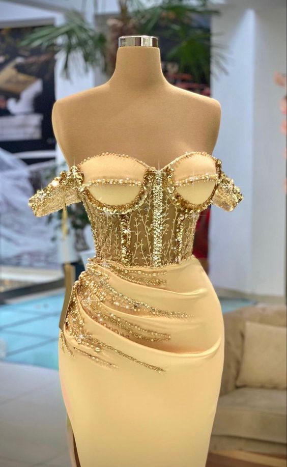 Gold Mermaid Long Prom Dress With Waist Pleat Charming Evening Dress