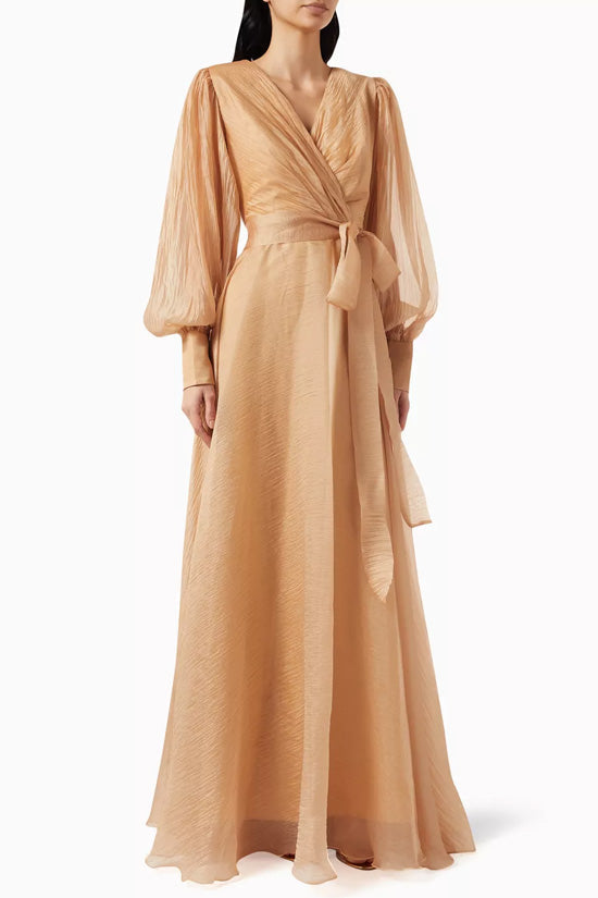 Celebrity Style V Neck Bishop Sleeve Belted Crinkled High Low Evening Dress - View 3 | VelvetHem