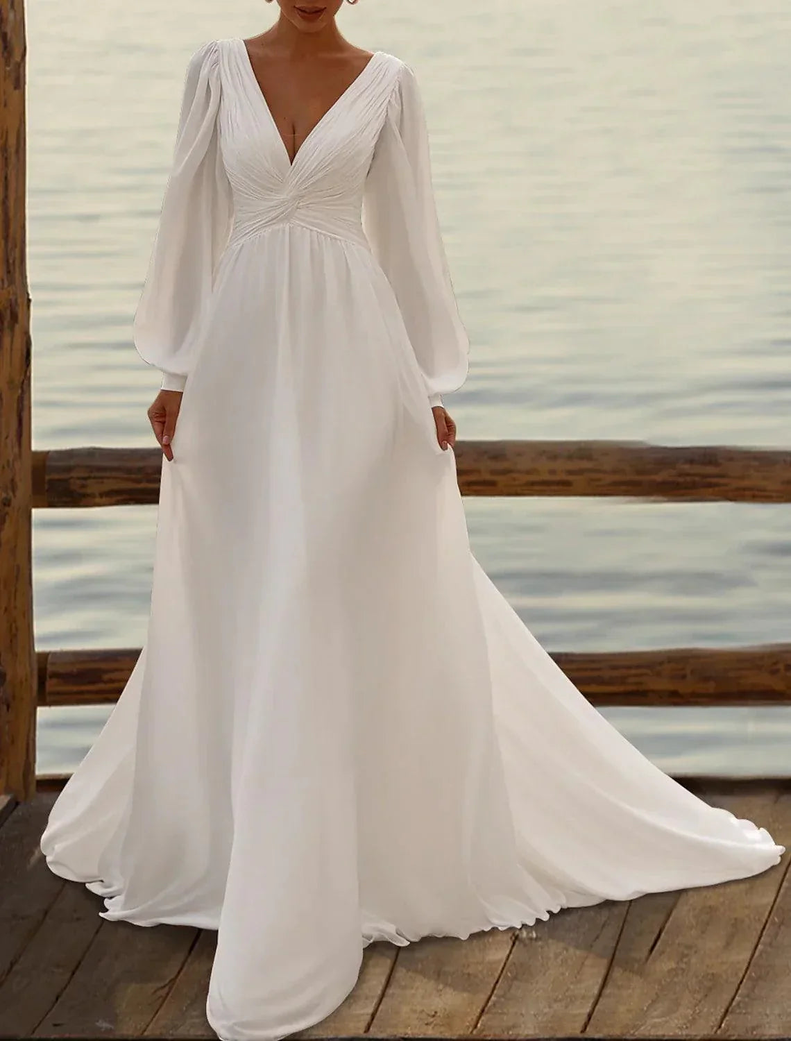 Wedding Dresses A-Line Camisole Sleeveless Tea Length Chiffon Bridal Gowns With Pleats Simple Dresses - VelvetHem