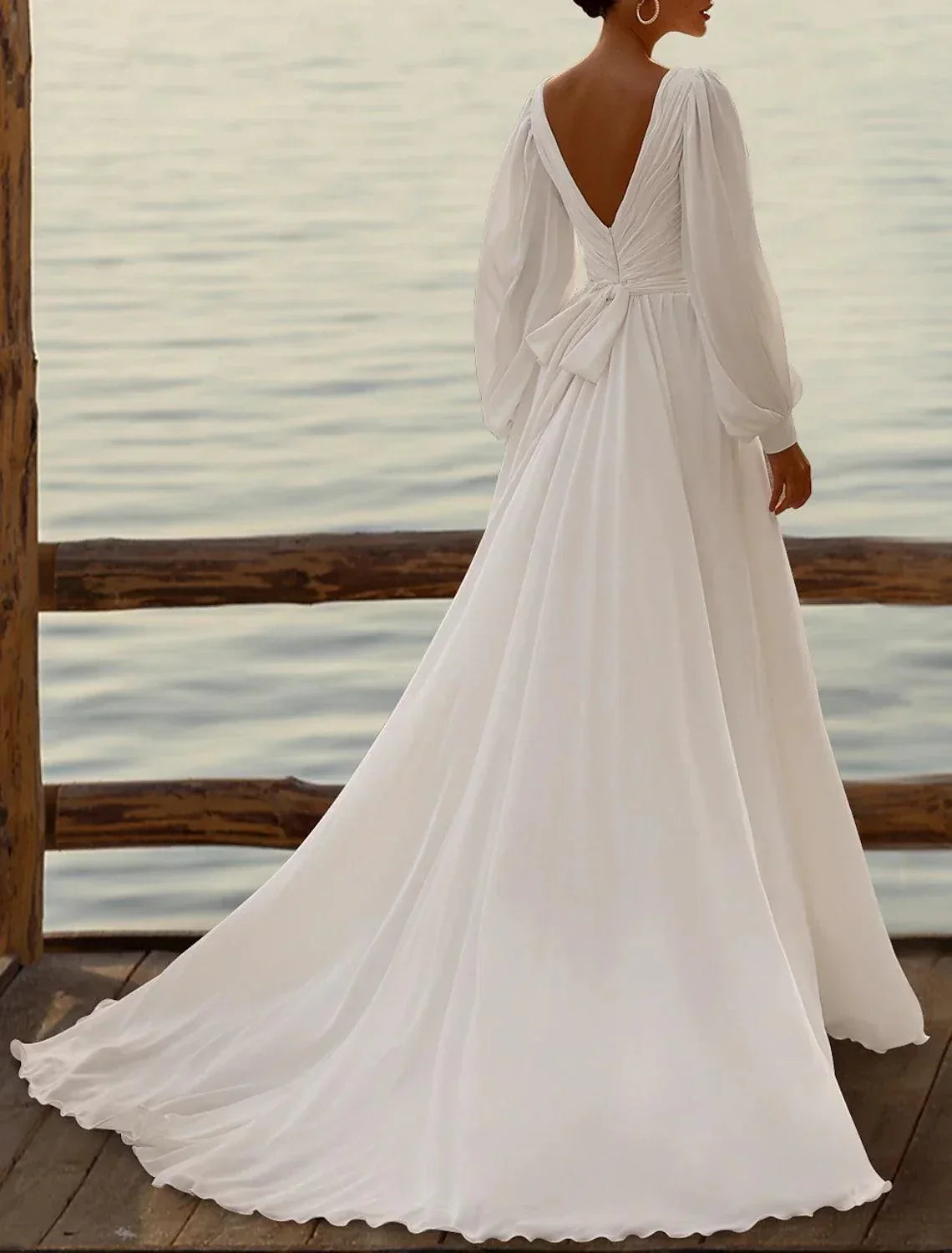 Wedding Dresses A-Line Camisole Sleeveless Tea Length Chiffon Bridal Gowns With Pleats Simple Dresses - View 2 | VelvetHem