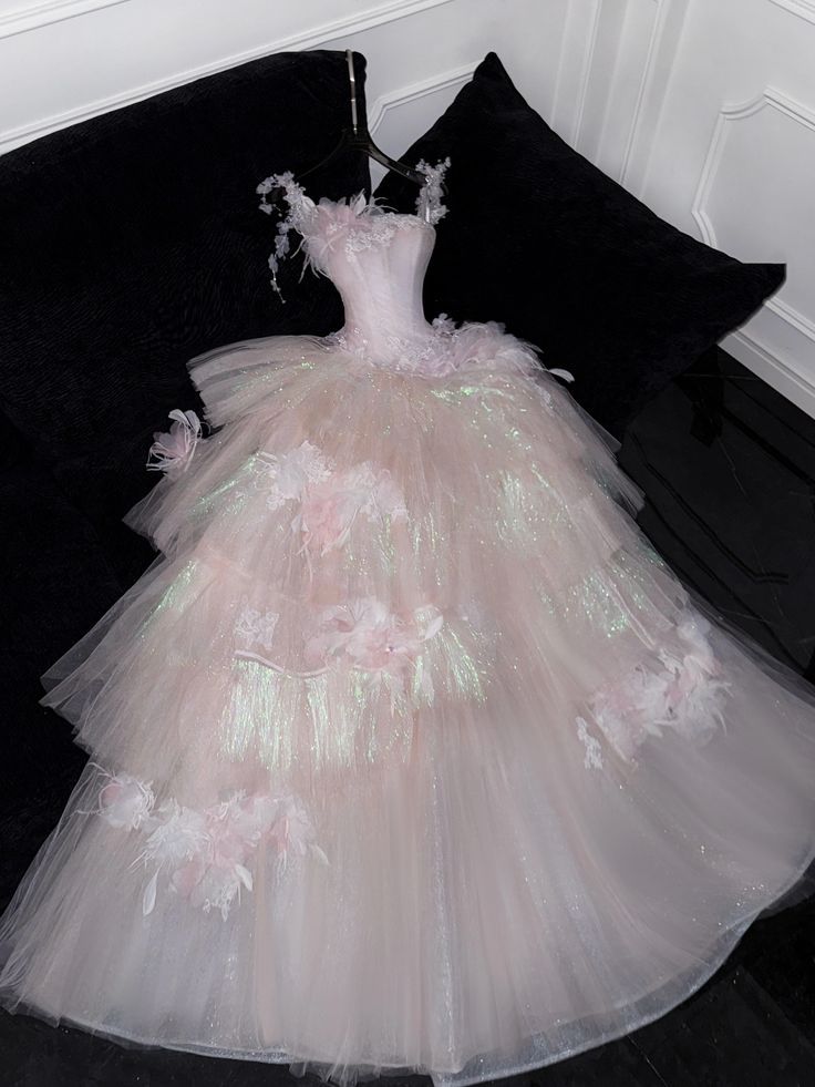 Sweet Ball Gown Spaghetti Straps Pink Tulle Applique Long Prom Dress,Formal Dress - VelvetHem