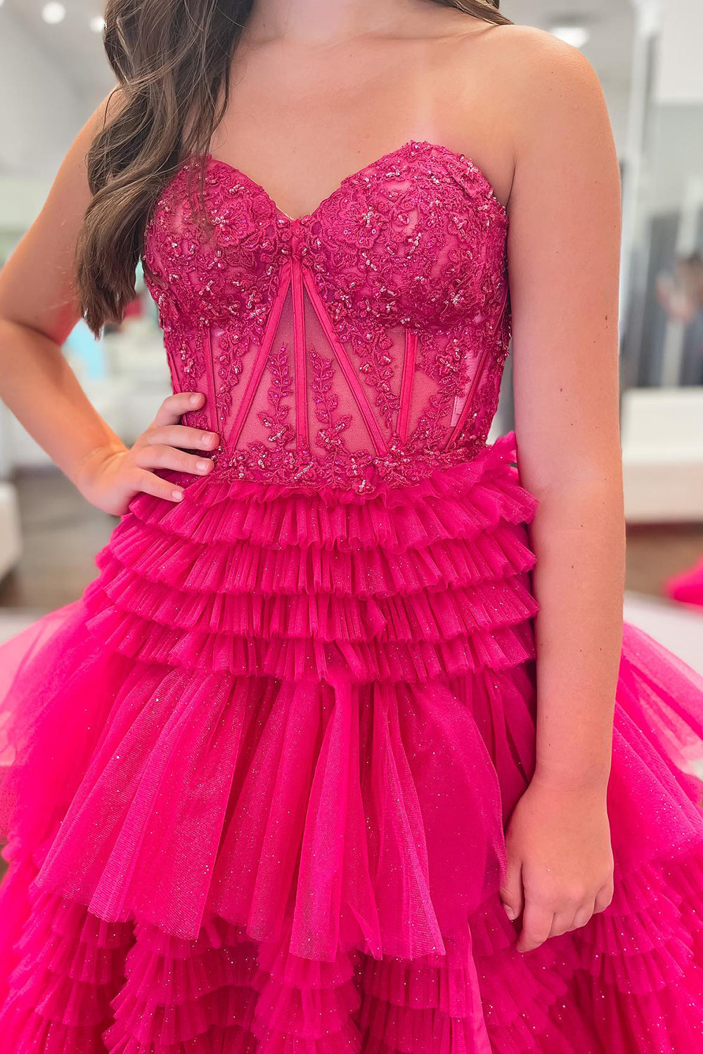 A-Line Sweetheart Tiered Long Tulle Prom Dress - View 4 | VelvetHem