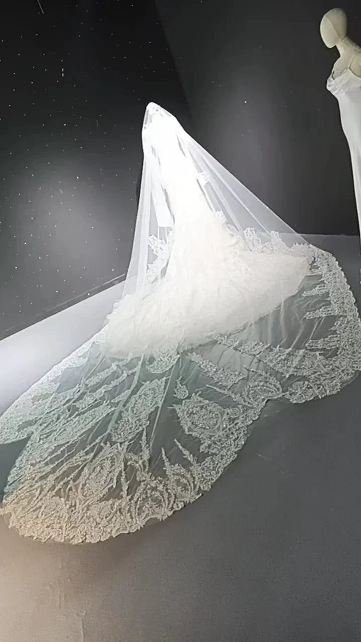 V-neck long sleeved luxurious nail bead trailing bridal veil (ZD16770)
