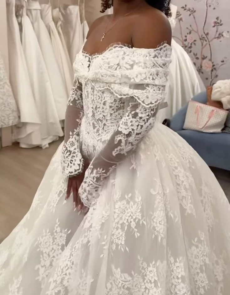 Off-the-Shoulder Lace A-Line Wedding Dress, Long Sleeves Lace Bridal Gown - View 2 | FashionDia