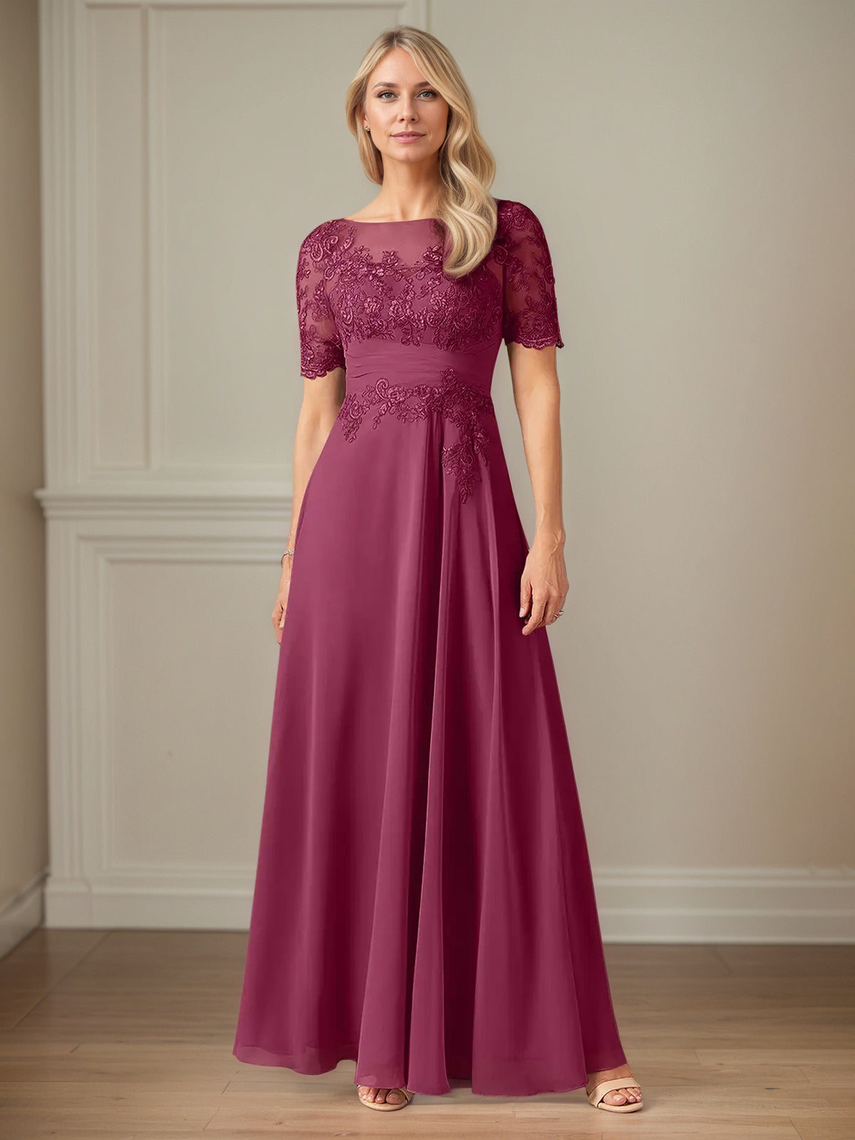 A-Line Chiffon Scoop Neck Short Sleeves Floor-Length Mother of the Bride Dresses With Appliques - FashionDia