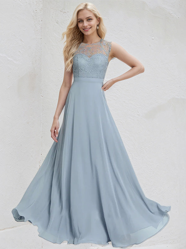 Dusty Blue Chiffon A Line Scoop Sleeveless Floor Length Bridesmaid Dress With Appliques