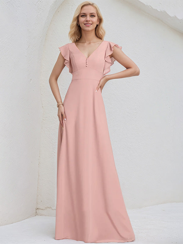 Dusty Rose Chiffon A Line V Neck Floor Length Bridesmaid Dress With Ruffles